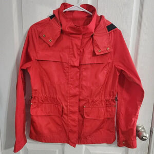 Zara Basic red windbreaker jacket pockets detachable hood adjustable waist small